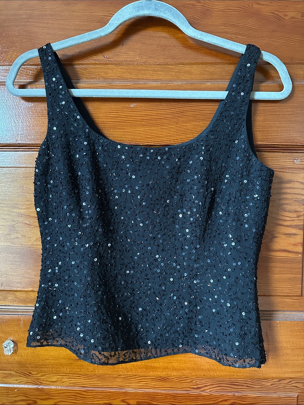 Tahari Black Silk Sequined Scoop Neck Tank Top